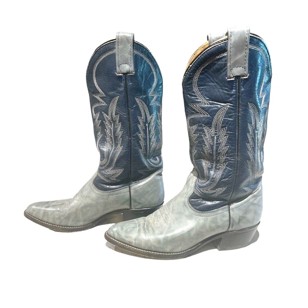 Double H Canada Navy & Grey Leather Embroidered Western Cowboy Boots US 8.5